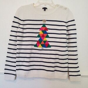 Talbots Petites SP Christmas Tree Sweater Striped Button Shoulder Lambswool